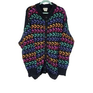Vintage 80s Harrington Park Knit Cardigan Rainbow Chunky Artsy Retro Sweater 42